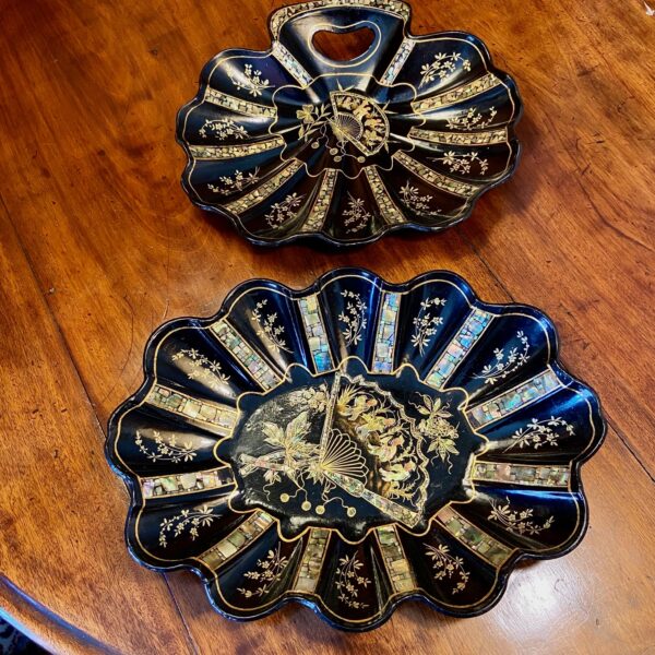 "Pair of papier-mâché trays with mother-of-pearl inlay"